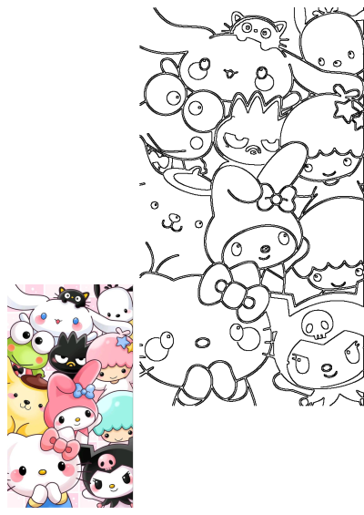 A vibrant illustration of popular Sanrio characters like Hello Kitty, My Melody, and Cinnamoroll, shown in both full color and black outline art, perfect for fans.