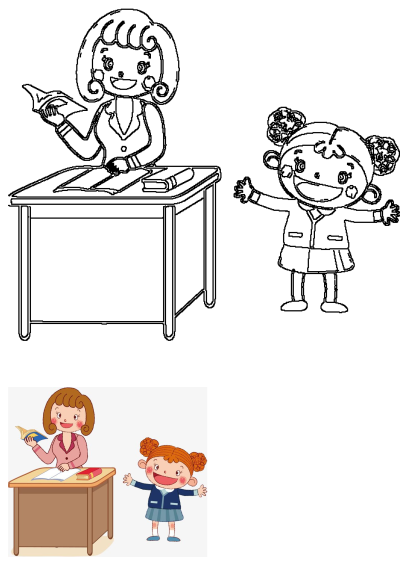 A friendly cartoon illustration of a happy female teacher reading at a desk to an eager young student in a positive school setting.