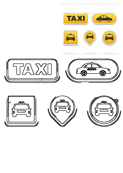 Collection of yellow and black taxi cab stickers, logos, and icons, featuring text, car outlines (side/front), and various shapes for business use.