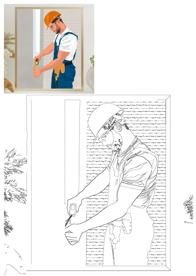 Illustration of a construction worker in an orange helmet, safety glasses, and blue overalls, carefully using a tape measure on a wall.