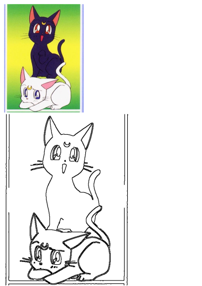 Colorful cartoon cats, Luna and Artemis from Sailor Moon, are featured on a green-yellow background, alongside a matching line art rendition.