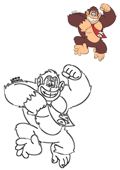 A cheerful cartoon gorilla character, arms up and smiling broadly, wearing a red DK tie. Also includes an outline version.