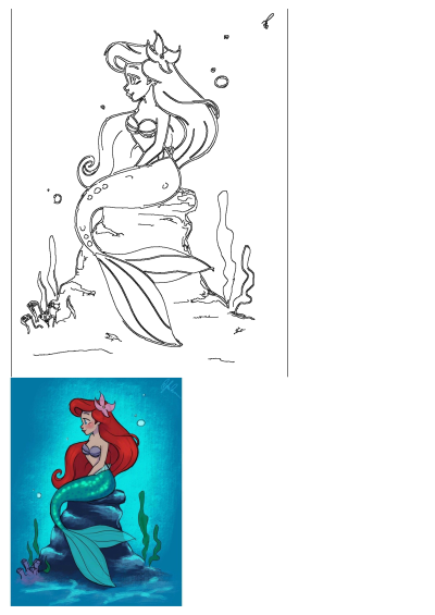 A beautiful illustration of The Little Mermaid, Ariel, with flowing red hair and a teal tail, sitting gracefully on an underwater rock amidst seaweed and coral.
