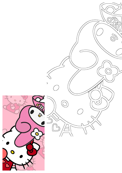 A charming Hello Kitty and My Melody pink and white wallpaper, featuring a colorful character panel and a striking Hello Kitty outline.
