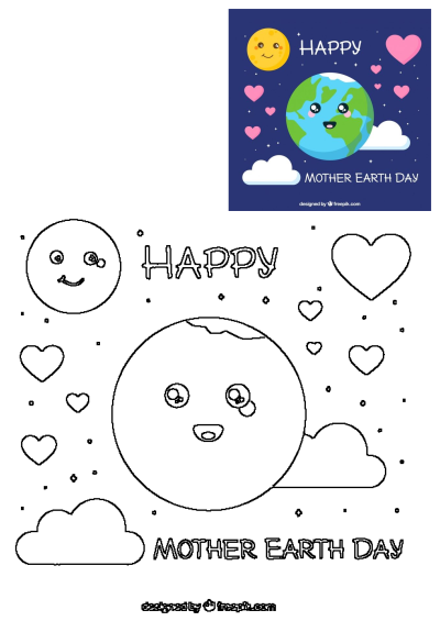 Happy Mother Earth Day illustration with a smiling cartoon Earth, moon, pink hearts, and clouds. Includes a black and white outline version for coloring.