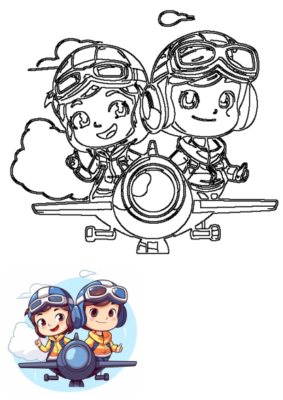 Two cheerful cartoon children dressed as pilots, wearing helmets and goggles, flying an airplane on an exciting adventure among the clouds.