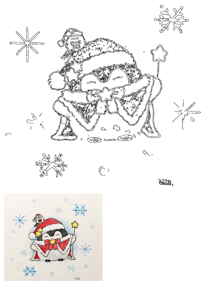 Line art of a cute Christmas penguin in a Santa hat and cloak, holding a star wand, surrounded by festive snowflakes.