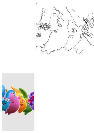 Colorful Sunny Bunnies characters illustration peeking from the bottom with a black and white line art version above. Great for kids.