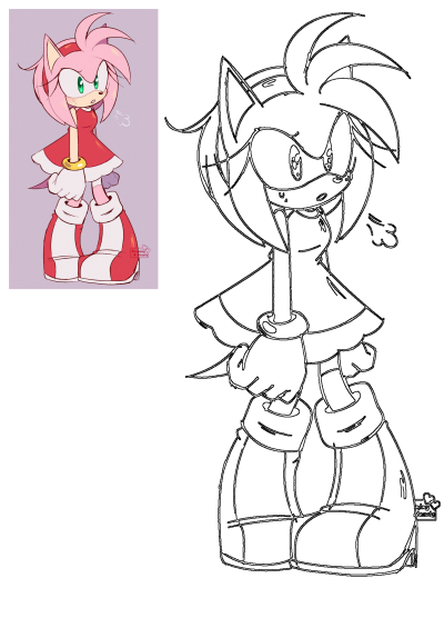 Amy Rose Sonic character illustration with red dress, white gloves, and a black and white line art version.