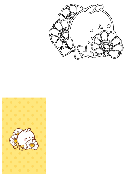 A cute white cartoon animal with pink cheeks, surrounded by white flowers and a yellow bow, set against a cheerful yellow polka dot background.