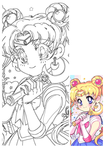 Cute kawaii style line art drawing of Sailor Moon anime character holding her Moon Stick with stars and clouds background.