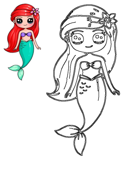 A cute cartoon Ariel from The Little Mermaid with red hair, purple top, and green tail, alongside a black outline drawing.