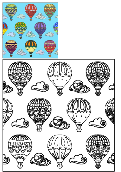 A vibrant illustration of patterned hot air balloons and clouds against a blue sky, with a corresponding black and white line art section.
