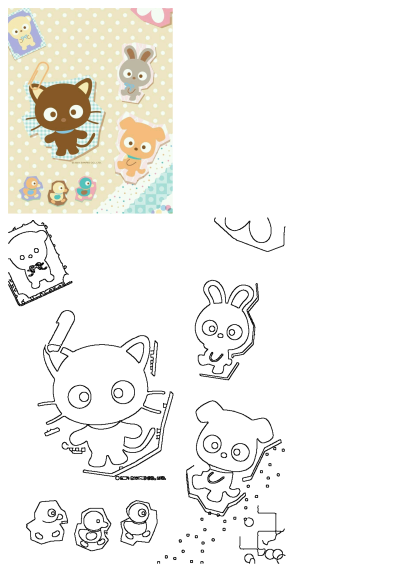 Cute Sanrio animal stickers: a brown cat, orange dog, grey rabbit, bear, and colorful ducks on a pastel polka dot and geometric background.