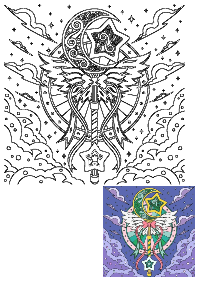 A whimsical celestial illustration featuring a winged magic wand, a crescent moon, and sparkling stars against a cloudy night sky.