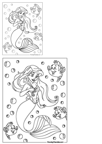 A line art drawing of Ariel the Little Mermaid, smiling with long hair, a shell top, and a mermaid tail, swimming with two happy fish friends and bubbles underwater.