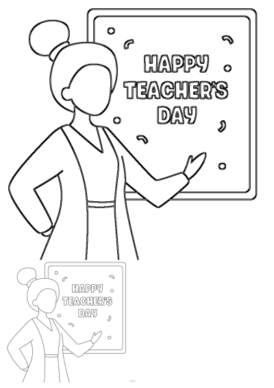 Line art of a female teacher and a board displaying 'Happy Teacher's Day'. A heartfelt illustration for teacher appreciation.