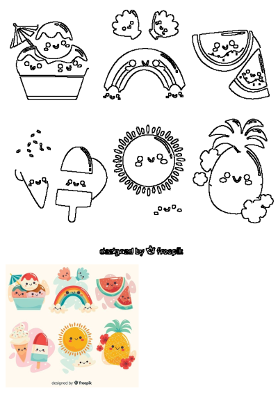 Cute summer illustration with smiling cartoon ice cream, watermelon, pineapple, sun, rainbow, and seashells, embodying a joyful, warm season.