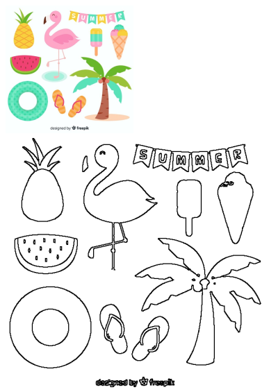 Summer vacation vector set: a vibrant collection of flamingos, pineapples, watermelon, ice cream, and a complementary outline version.