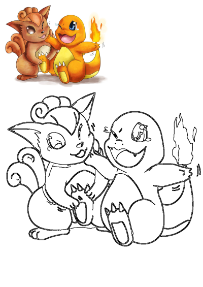 A vibrant Vulpix and Charmander fan art illustration showcasing playful interaction, paired with an outline drawing for creative coloring.