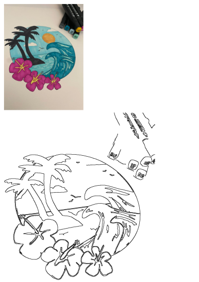 A vibrant tropical island drawing featuring black palm trees, blue ocean waves, a golden sun, and pink hibiscus flowers. Markers visible.