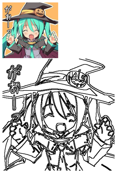 Hatsune Miku dressed as a Halloween witch with a pumpkin on her hat, making a cute scary expression. Includes a line art drawing.