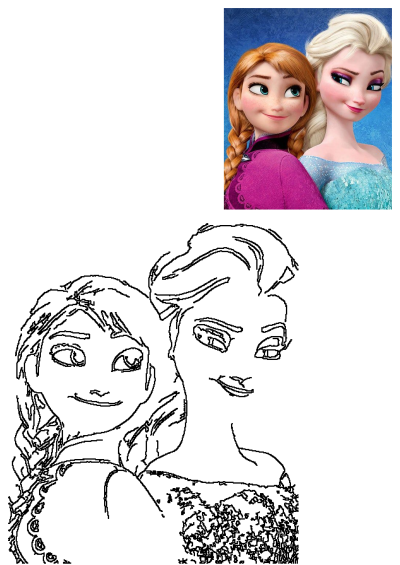 Frozen Anna and Elsa sisters portrait, showcasing a colorful image alongside a black and white outline perfect for artists.