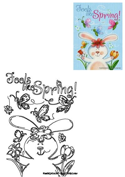 Cute Easter bunny illustration with butterflies, daffodils, tulips, and 'Feels like Spring!' text. A vibrant springtime scene.
