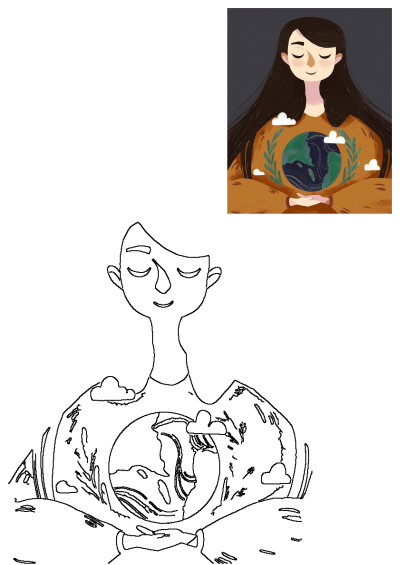 Illustration of a serene woman with closed eyes, long hair, gently holding Earth, symbolizing environmental care and global conservation.