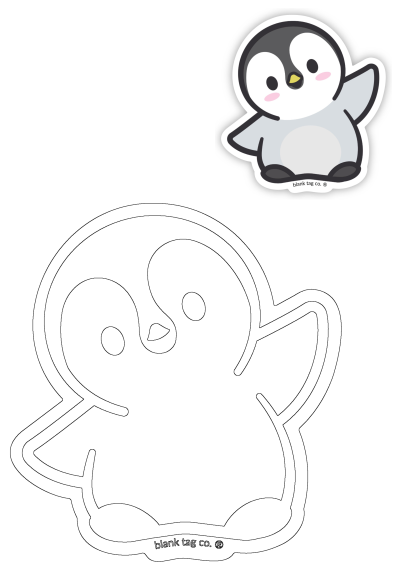 A cute cartoon penguin sticker waving, featuring a colorful design with pink cheeks and a black and white outline.