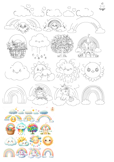 Cute kawaii clipart: smiling suns, clouds, rainbows, playful unicorns, majestic castle, vibrant flower tree, and floral baskets.