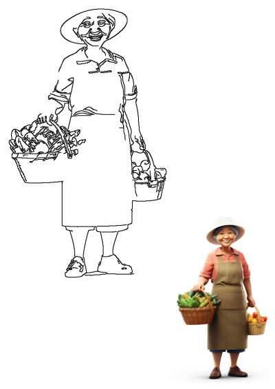 Smiling elderly Asian woman wearing a hat and apron, proudly holding two baskets overflowing with fresh, colorful produce.
