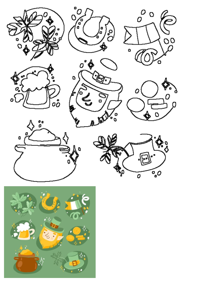 Flat design illustration featuring St. Patrick's Day icons like shamrocks, leprechaun, beer, pot of gold, horseshoe, and Irish flag.