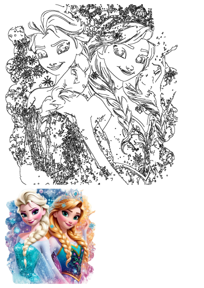 Frozen princesses Elsa and Anna in a beautiful sister portrait, shown as both a vibrant illustration and a detailed line drawing.