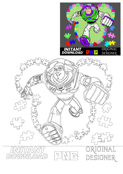Buzz Lightyear Toy Story Puzzle Pieces digital design featuring a colored Buzz and an outline version surrounded by puzzle pieces, available for instant download.