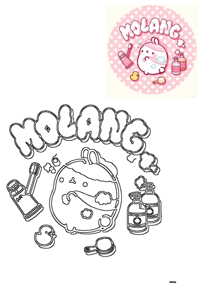 Molang cute animal illustration for bathroom sticker, featuring the bunny bathing with bubbles, shampoo, toothbrush, and a rubber duck. Also includes outline art.