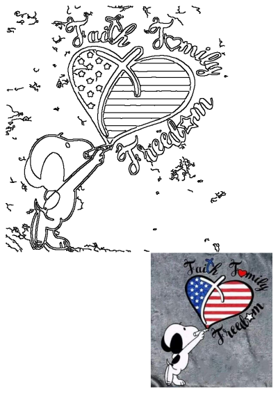 Snoopy holds a heart-shaped American flag balloon, surrounded by 'Faith,' 'Family,' and 'Freedom' script. A patriotic design.