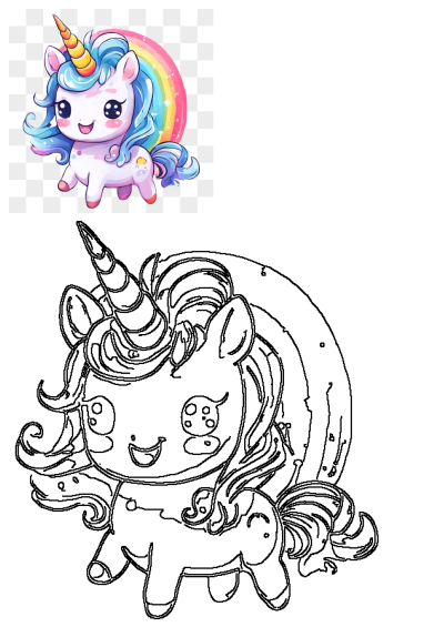 A charming chibi unicorn illustration with a rainbow mane, golden horn, and sparkly accents, alongside its detailed black outline drawing.
