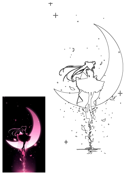 Sailor Moon anime girl silhouette stands on a glowing pink crescent moon in this magical fantasy scene, with shimmering reflections.