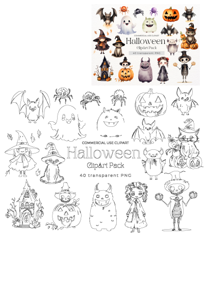 Halloween clipart pack featuring cute watercolor and outline designs of pumpkins, bats, ghosts, witches, monsters, and more. Commercial use.