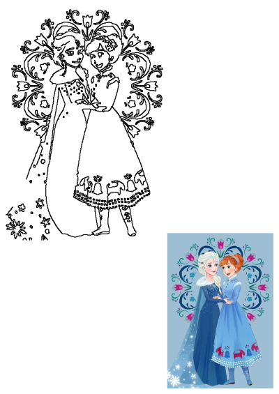 Frozen Princesses Anna and Elsa artwork, depicting the two sisters in an elegant pose against a beautiful, intricate floral background.