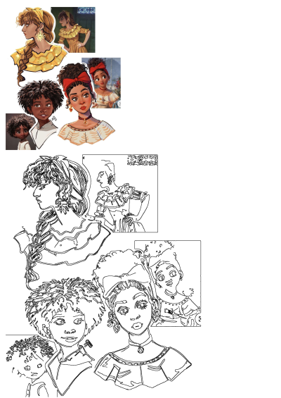 Encanto character illustrations & line art featuring women with headbands, curly hair, including Isabela, Mirabel, and Antonio.