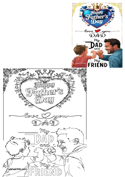 Happy Fathers Day greeting card for dad and friend, featuring a father and son fist bump. Includes a line art coloring page.