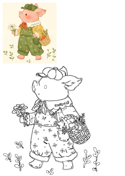 Adorable pig character artwork wearing green overalls and a cap, holding a daisy flower and a basket filled with carrots.
