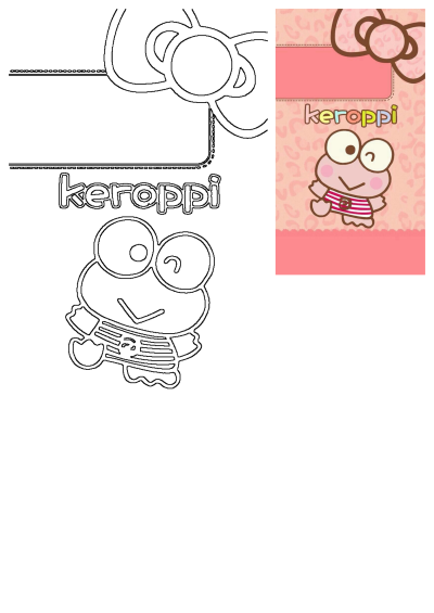 Cute Kerroppi frog in a striped shirt on a pink leopard print background with a "kerroppi" title. Includes an outline drawing.