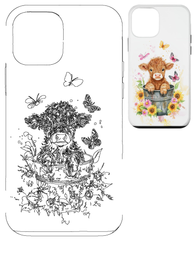 Charming phone case featuring a fluffy baby cow in a metal bucket, surrounded by vibrant sunflowers, daisies, and playful butterflies.