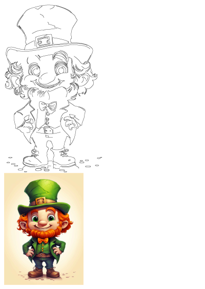 Vibrant cartoon leprechaun for St. Patrick's Day, with red beard, green suit and hat. Also includes a black and white outline.