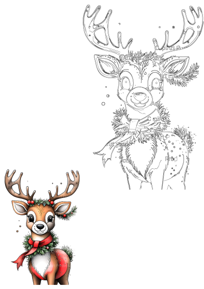 Cute Christmas reindeer illustration featuring festive antlers with a berry wreath and a red bow, alongside its outline drawing.
