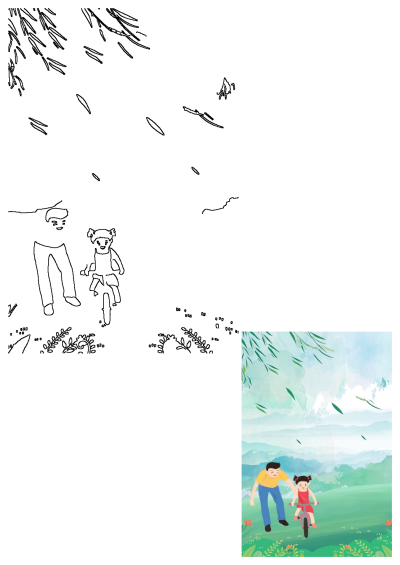 A father gently guides his daughter learning to ride her pink bicycle through a lovely watercolor landscape with green hills and flowers.