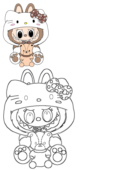 Cute character wearing a white Hello Kitty hoodie with a polka-dot bow, holding a brown teddy bear. Features sharp teeth and large eyes. Includes a B&W outline.